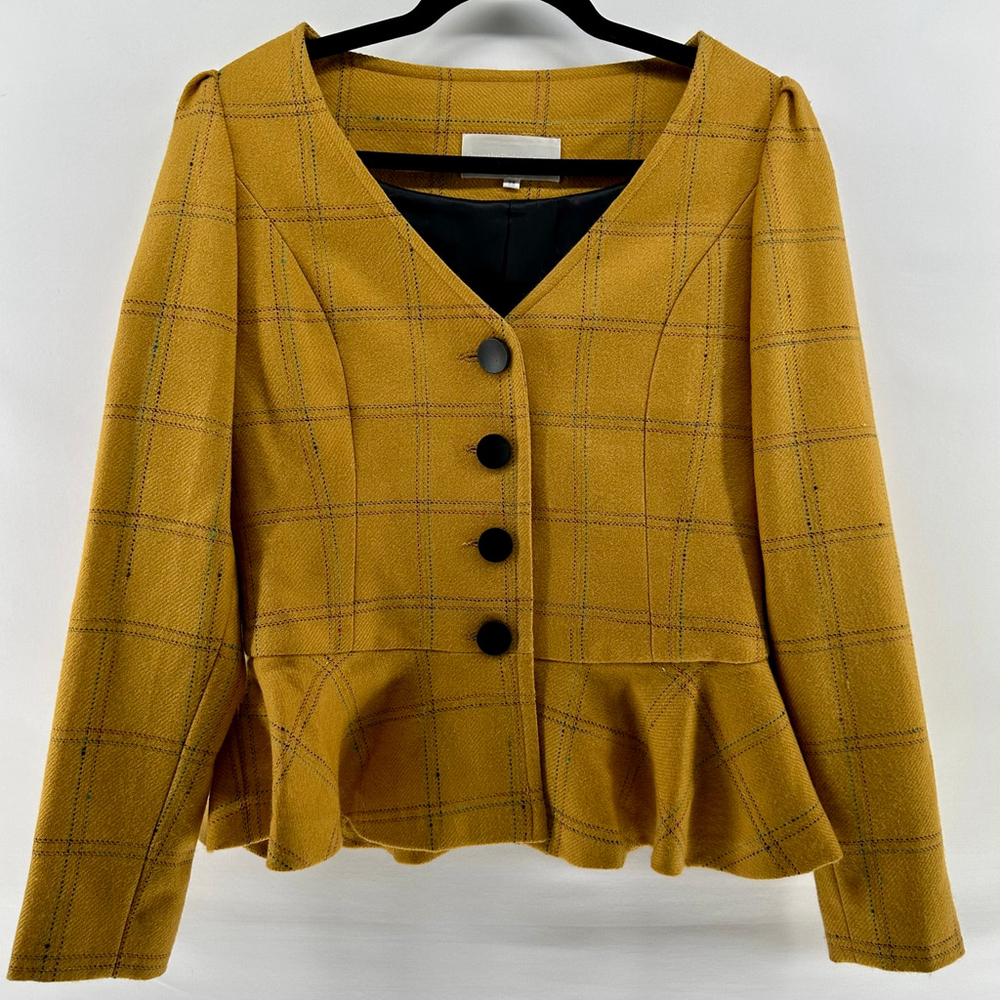 QUINT by DURLANA QUANTAS SZ 38 M 8-10 Gold PREPPY PLAID Peplum Blazer Jacket